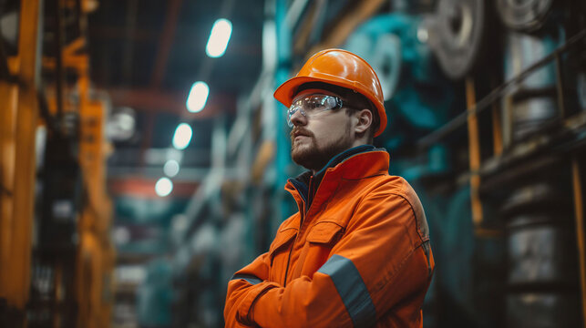 Focused engineer in hard hat and safety glasses in industrial setting.