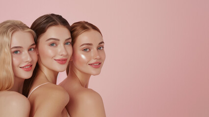Three beautiful women with glowing skin and soft smiles posing together on a pink background