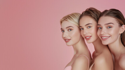 Image of three smiling women, with focus on their profile views against a soft pink background, ideal for beauty concepts