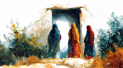 Three women standing before the open entrance of an empty tomb, depicted in a vibrant watercolor style.