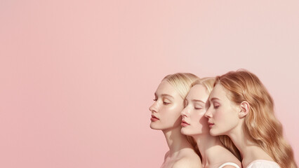 Three women with soft expressions and a focus on their side profiles pose against a pastel pink backdrop in this elegant image
