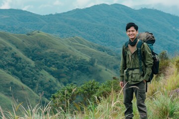 Fototapeta na wymiar asian young men Hiking/Trekking in the mountains