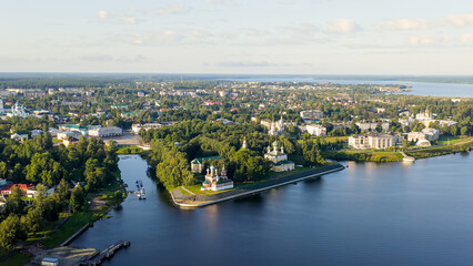 Fototapeta na wymiar Uglich, Russia - August 16, 2020: Uglich city from the air, Uglich Kremlin, the main attraction of the city. Early morning, Aerial View