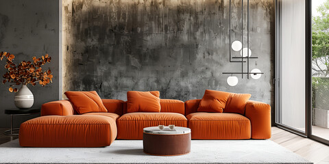 Gray and orange modern lounge living room with orange sofa and beautiful modern hanging lamp and large glass window looking out garden view Spacious and bright in a minimalist style concept 
 