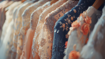 wedding dresses on racks in the bridal shop - obrazy, fototapety, plakaty