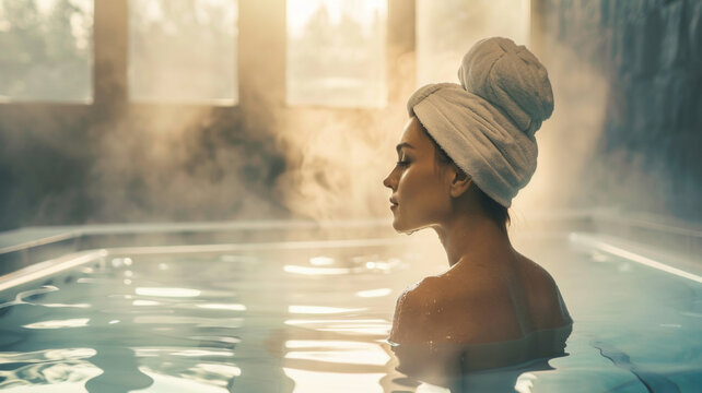 Serene woman relaxing in a steamy hot tub with a towel turban.