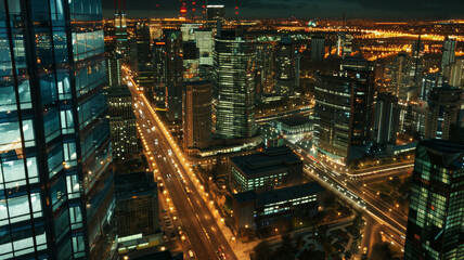Dazzling city skyline at twilight captured from urban high-rise.