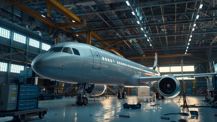 Jetliner pride: an aircraft basks in the grandeur of a state-of-the-art hangar.