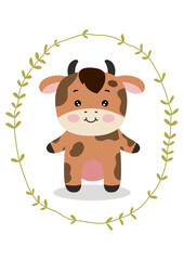 Cute cow inside an oval leaves border