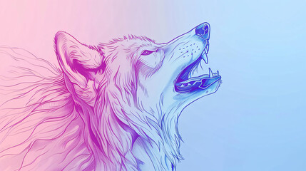 Cold gradient line drawing of a howling wolf cartoon