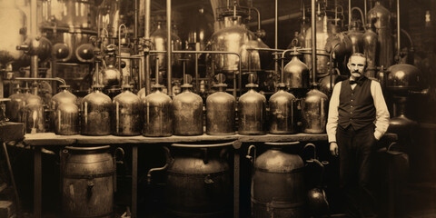 Old distilling factory. Factory and maker.  - obrazy, fototapety, plakaty