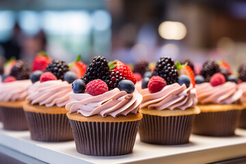 Many identical fruit cupcakes with berry mix and pink frosting topping in pastry shop