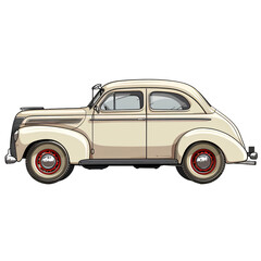 Classic beige and cream sedan with red accents on wheels. Vintage vehicle illustration isolated on transparent background PNG. Retro automotive design concept. Design for print, poster, collectibles