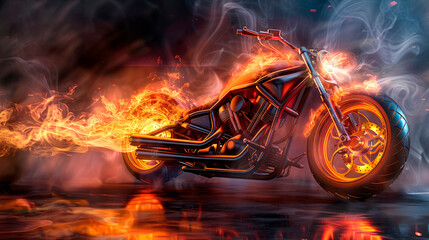 Hot retro burning motorcycle with flames and smoke