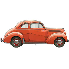 Retro orange coupe with classic streamlined design. Vintage car illustration isolated on transparent background PNG. Old-fashioned automobile concept. Design for print, poster, collectibles - obrazy, fototapety, plakaty