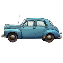 Antique blue compact car with golden hubcaps. Retro economy vehicle illustration isolated on transparent background. Classic post-war automobile design. Design for memorabilia, poster, collector's pri