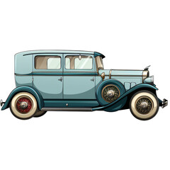 Antique blue sedan with beige roof and red wire-spoke wheels. Classic 1920s car illustration isolated on transparent background PNG. Historical vehicle concept. Design for poster, heritage collection.