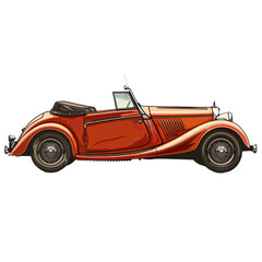 Obraz premium Classic red convertible car with wire-spoke wheels. Vintage automobile illustration isolated on transparent background PNG. Retro open-top vehicle concept for design and print.