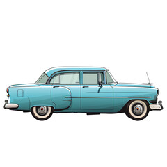Vintage sky blue sedan car. Classic four-door vehicle illustration isolated on transparent background PNG. Retro family car concept for design and print.