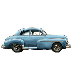 Classic blue coupe with custom wheels. Vintage American car illustration isolated on transparent background PNG. Retro customized vehicle concept for design and print. - obrazy, fototapety, plakaty