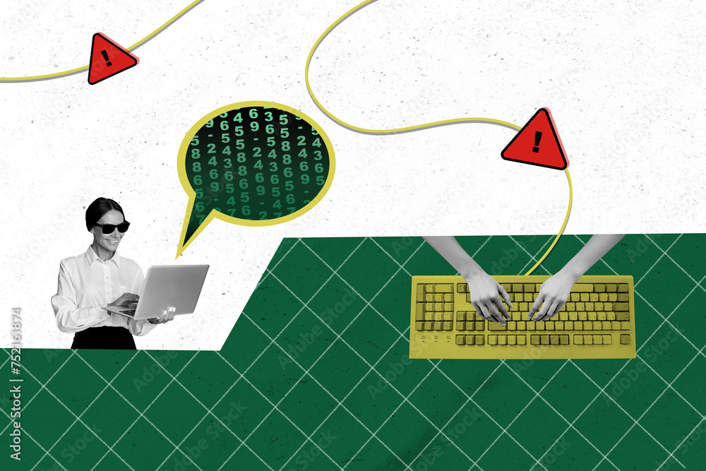 Poster collage template image of criminal hacker working on laptop for hacking steal user information