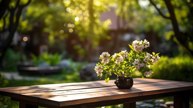 Sunrays Illuminating Flowers on a Wooden Table, To evoke feelings of tranquility and beauty in nature through the use of natural light and floral