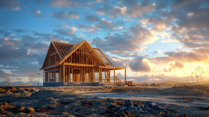 wooden house at construction under blue sky or cloud - obrazy, fototapety, plakaty
