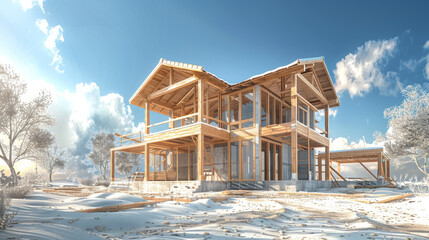 wooden house at construction under blue sky or cloud - obrazy, fototapety, plakaty
