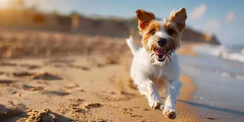 A cute dog running near  the beach ,