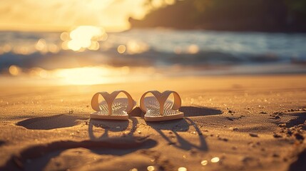 photograph of a pair of sandals on polihale beach sand dune sunlit soft lit backlit bokeh - obrazy, fototapety, plakaty