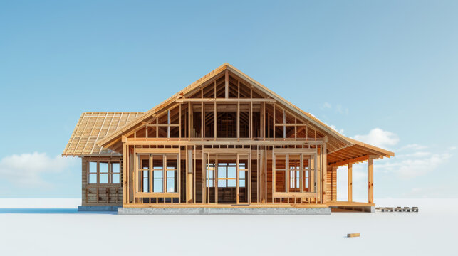 wooden house at construction under blue sky or cloud