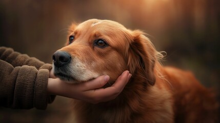Image of a loyal dog and a human hand.