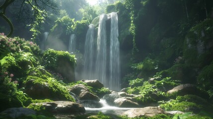 Image of a serene waterfall nestled within a lush forest. - obrazy, fototapety, plakaty