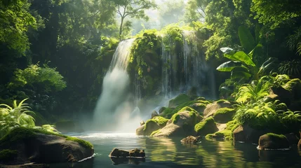 Poster Image of a serene waterfall nestled within a lush forest. © kept