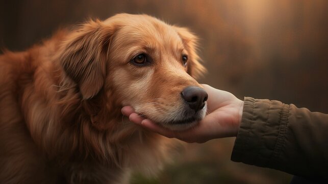 Image of a loyal dog and a human hand.