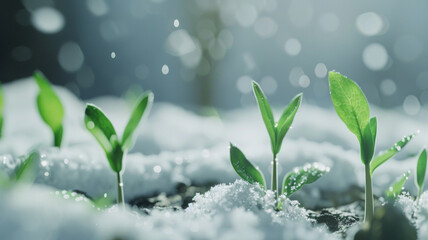 Young plants rise from melting snow, symbolizing new life amidst wintery remnants.