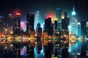 Cityscape at Night: Skyscrapers illuminated.
