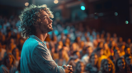young Mental coach with curly hair on stage teach youth's to be strong and healthy - obrazy, fototapety, plakaty