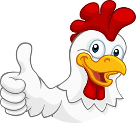 A chicken cartoon rooster cockerel character mascot giving a thumbs up.