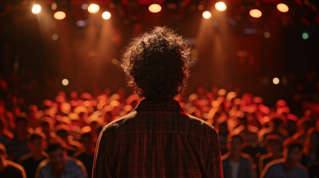 young Mental coach with curly hair on stage teach youth's to be strong and healthy