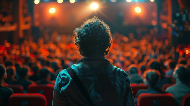 young Mental coach with curly hair on stage teach youth's to be strong and healthy