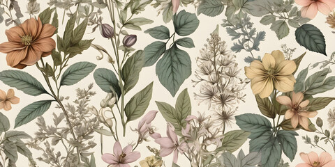 Seamless pattern background featuring a collection of vintage botanical illustrations with flowers...