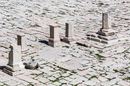 Archeological site, ancient city Sagalassos. Remains of honorary monuments at Upper Agora. Top view, monochrome. Aglasun, Budur, Turkey (Turkiye)