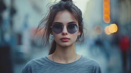 Stylish Young Woman in Sunglasses Walking on City Street at Night in Urban Environment