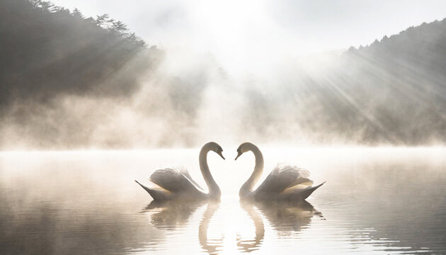 湖でハートの形を描く白鳥の夫婦,Generative AI,AI画像