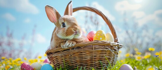 rabbit with easter eggs in a wicker basket