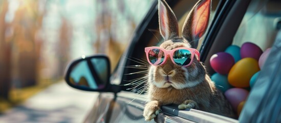 rabbit with easter eggs in traveling by car