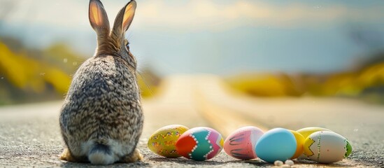 rabbit with easter eggs on the road or path