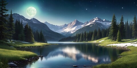 Moonlit Mountain Lake Serenity” - obrazy, fototapety, plakaty