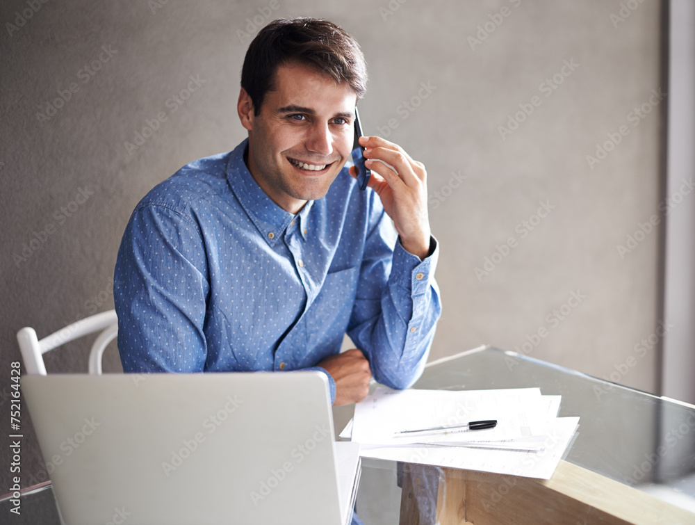 Poster phone call, office and business man with laptop in conversation, discussion and talking for networki
